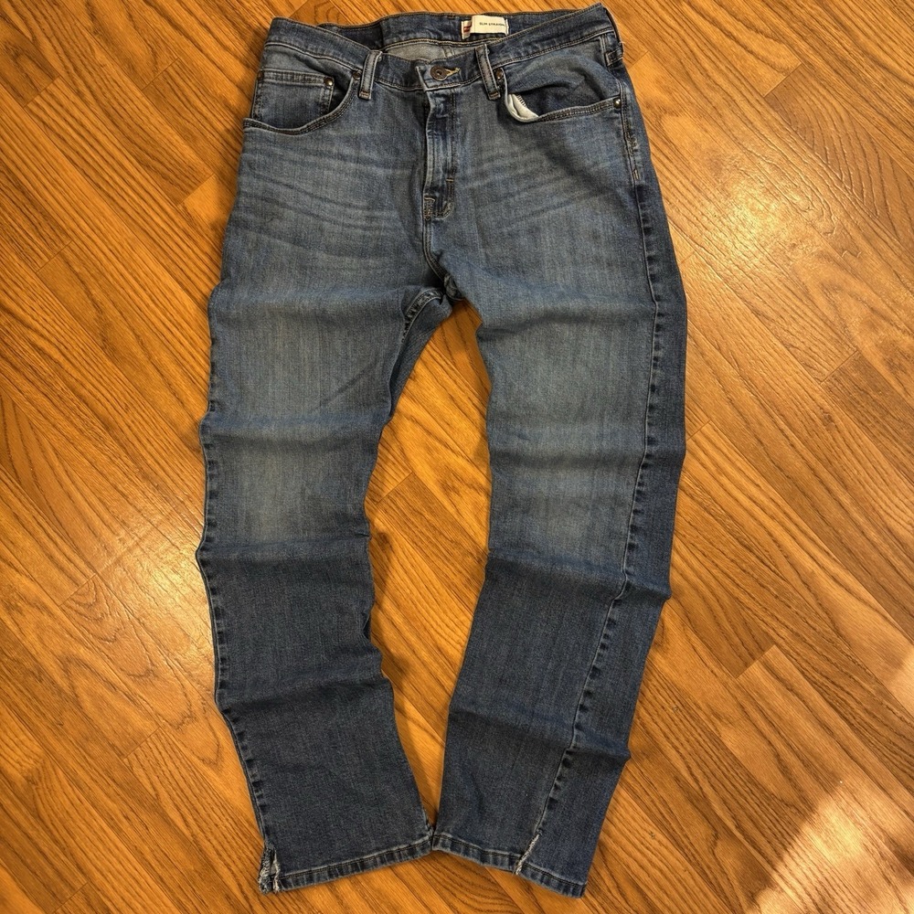 Wrangler Slim Straight Jeans Mens Blue Medium Wash Stretch Denim Distressed Fade